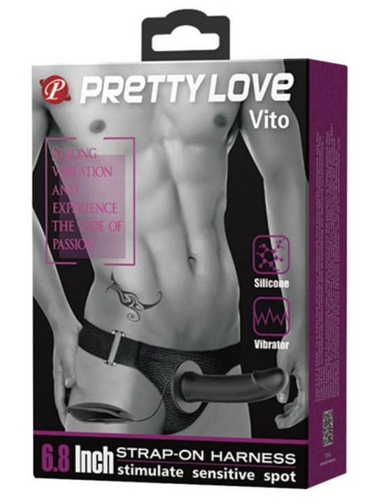 Godes Belts  This Vito vibrating belt dildo from the brand Pretty Love is a silicone sex toy composed of: The dildo 17cm long an