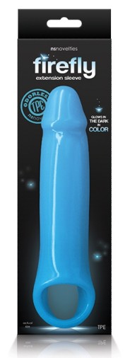 Penis extension  This penis sheath is part of the Firefly range accessories. It is here in a blue version that shines in the dar