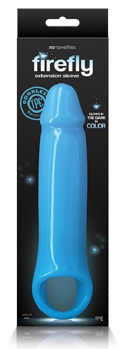 Penis extension  This penis sheath is part of the Firefly range accessories. It is here in a blue version that shines in the dar