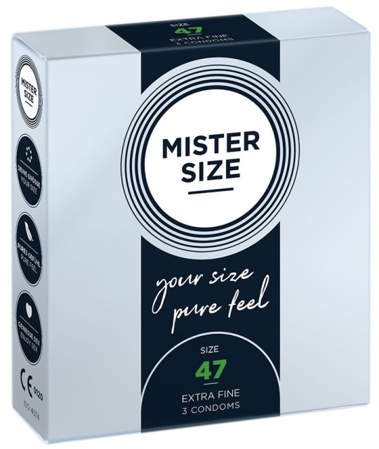 imports Préservatifs MISTER SIZE 47mm x3 Tailles des préservatifs : TAILLE LONGUEUR LARGEUR NOMINALE (à plat) ÉPAISSEUR 47 16cm 